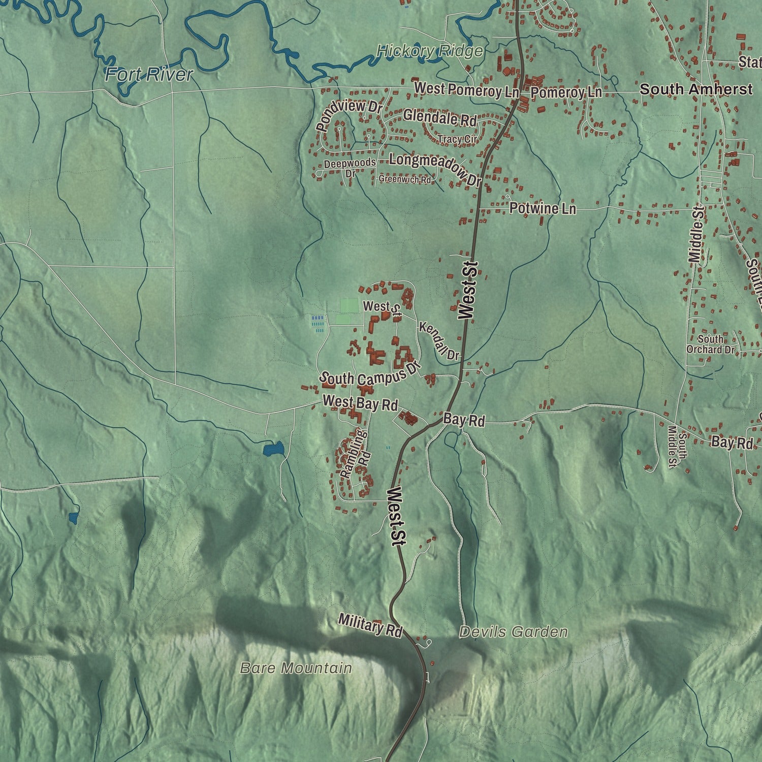 Terrain and local geography detail from the Amherst, Massachusetts map