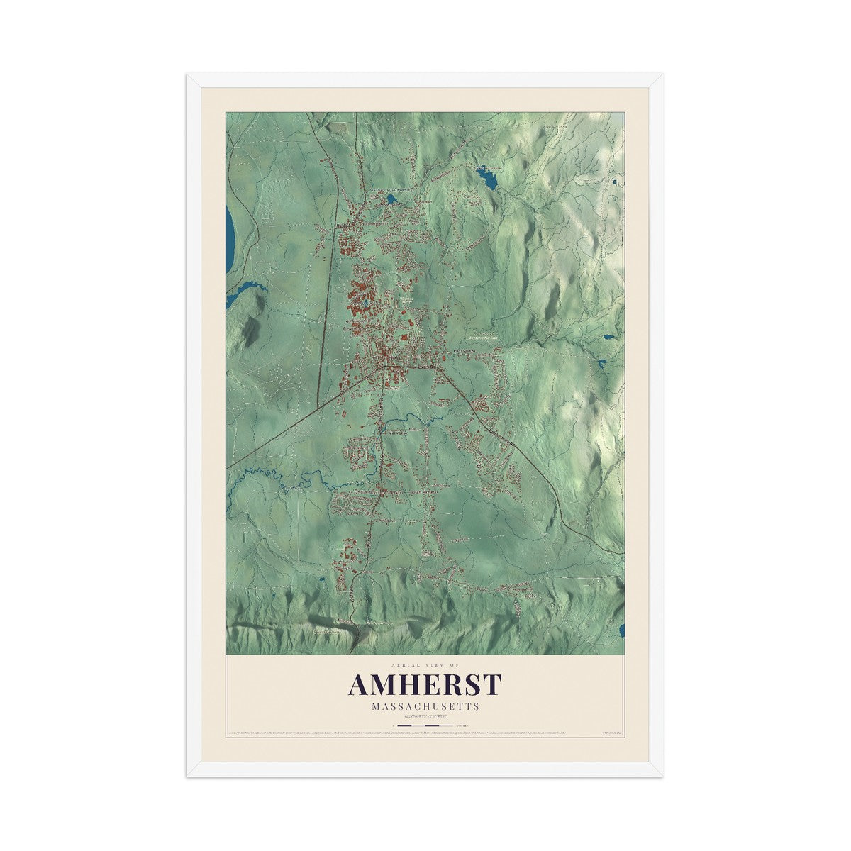 Map of Amherst, Massachusetts, 12 x 18 inch print in a white wood frame