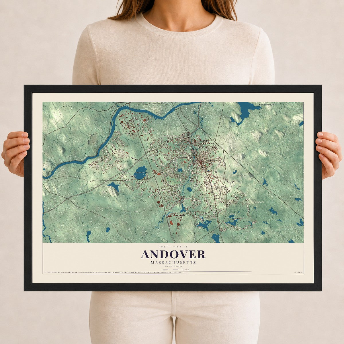 Andover, Massachusetts map print - 12 x 18 black Ayous wood frame