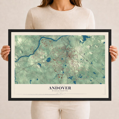 Andover, Massachusetts map print - 12 x 18 black Ayous wood frame