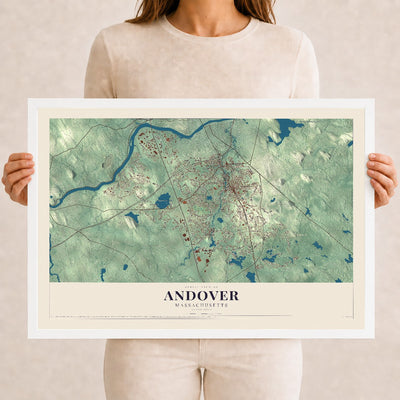 Andover, Massachusetts map print - 12 x 18 white Ayous wood frame