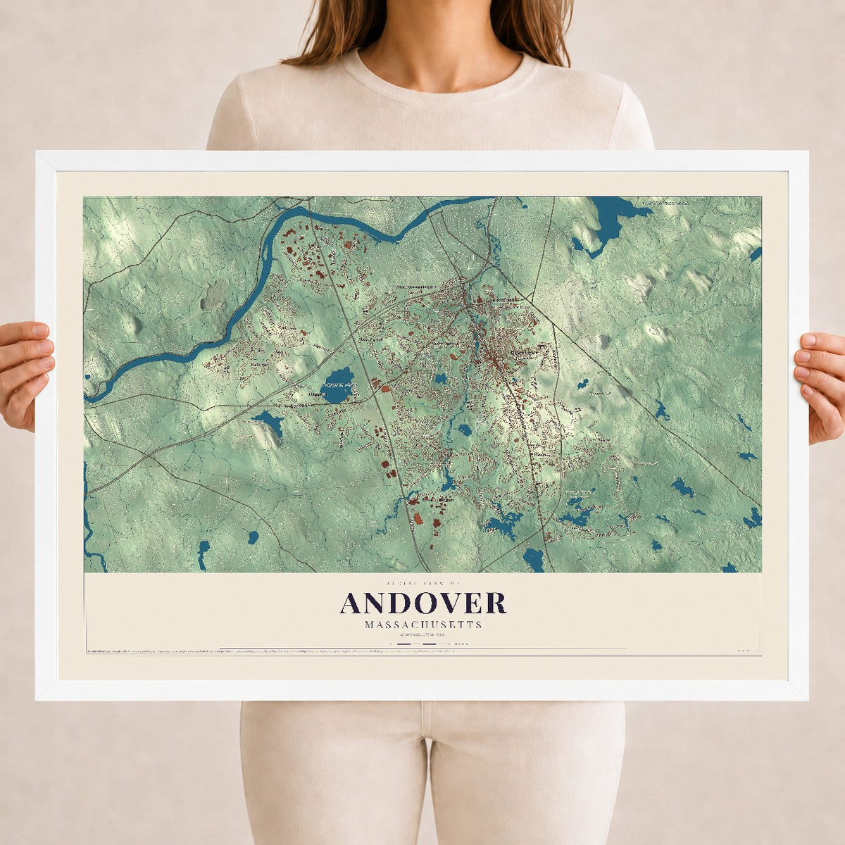 Andover, Massachusetts map print - 18 x 24 white Ayous wood frame