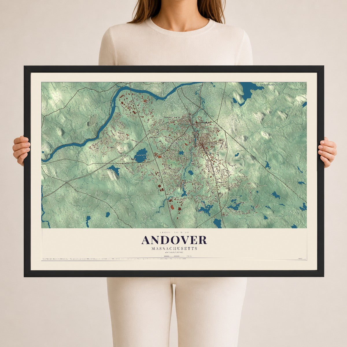 Andover, Massachusetts map print - 24 x 36 black Ayous wood frame