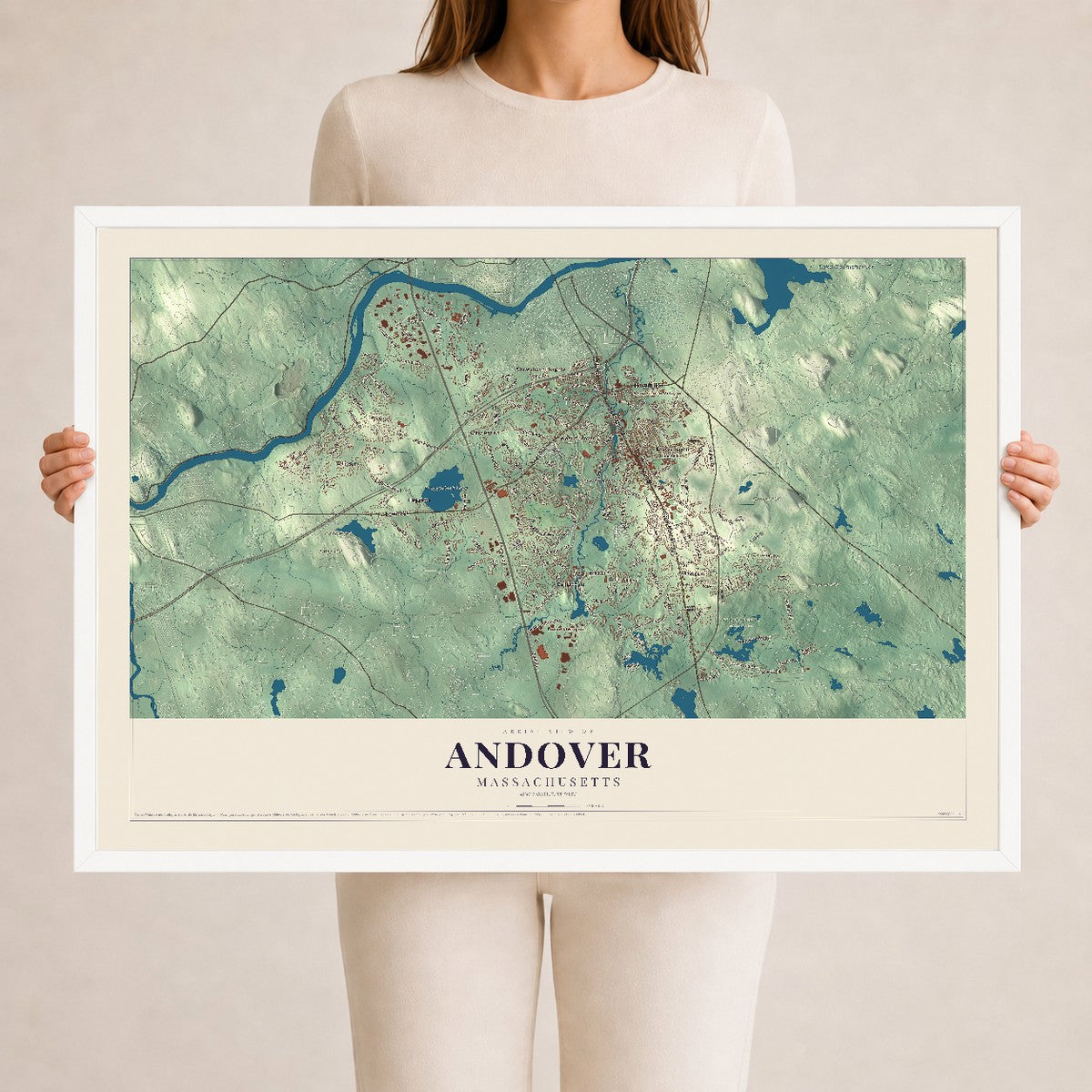 Andover, Massachusetts map print - 24 x 36 white Ayous wood frame