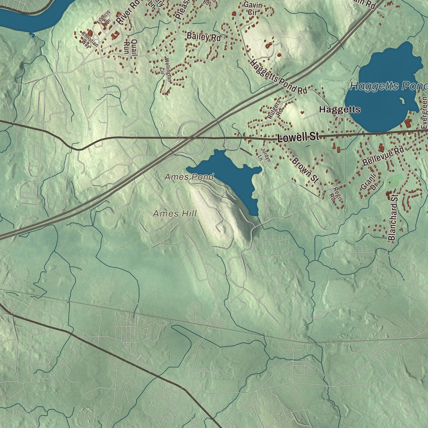 Terrain and local geography detail from the Andover, Massachusetts map