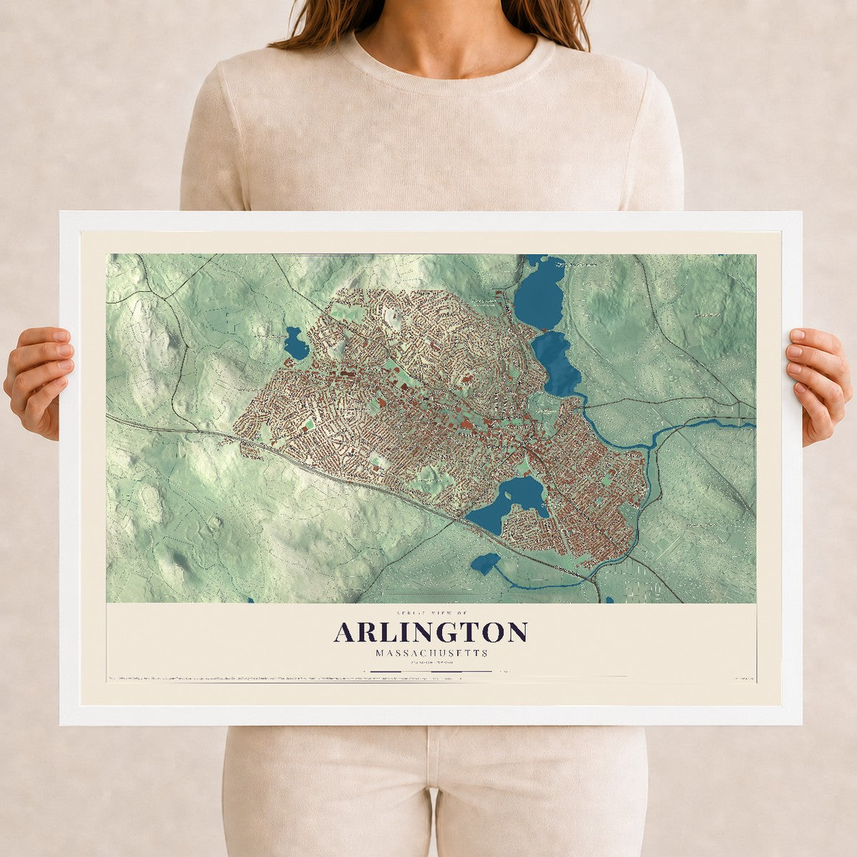 Arlington, Massachusetts map print - 12 x 18 white Ayous wood frame