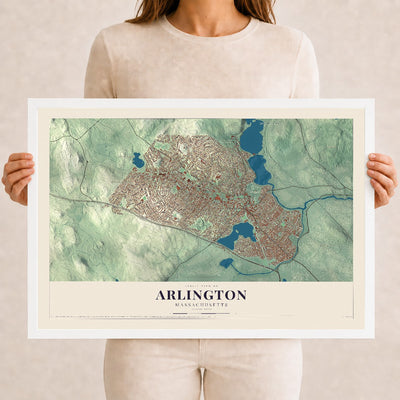 Arlington, Massachusetts map print - 12 x 18 white Ayous wood frame