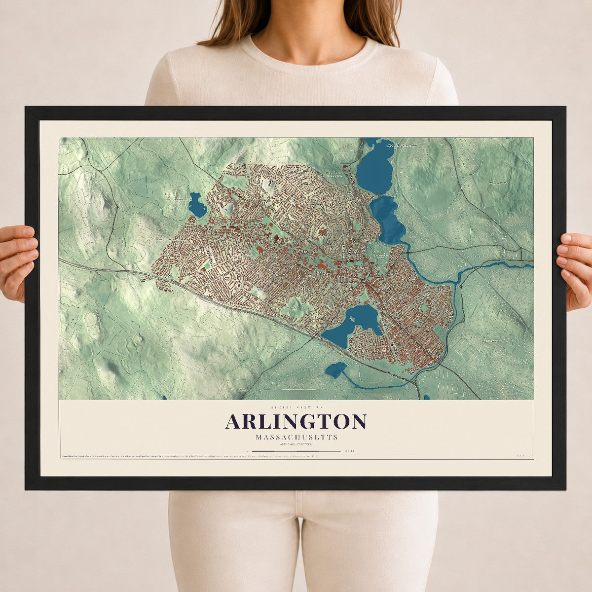 Arlington, Massachusetts map print - 18 x 24 black Ayous wood frame