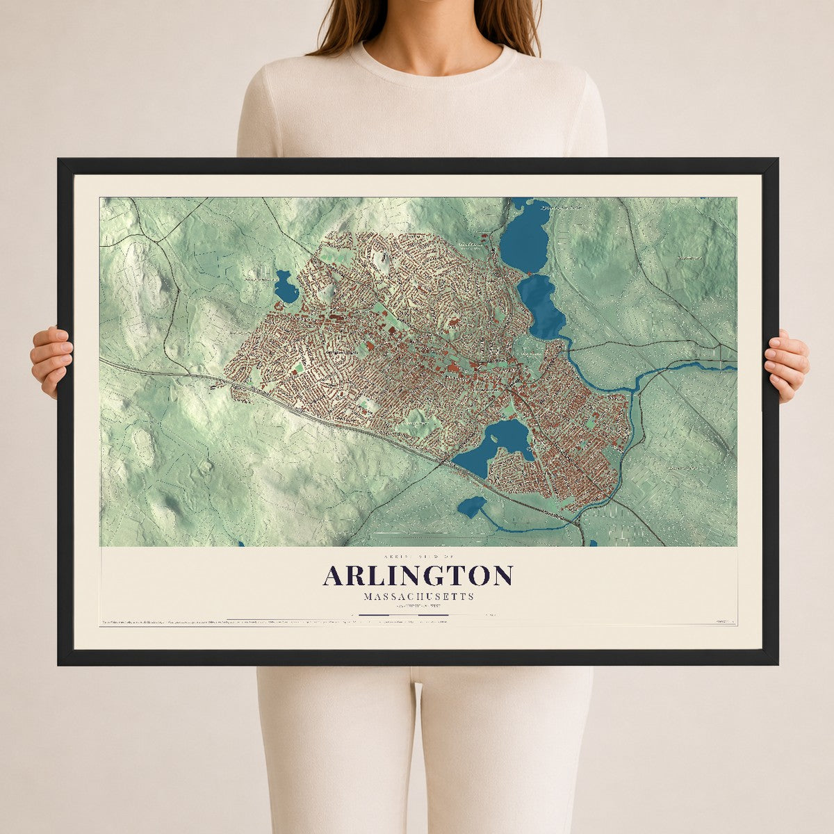 Arlington, Massachusetts map print - 24 x 36 black Ayous wood frame