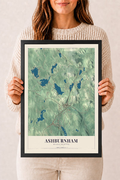 Ashburnham, Massachusetts map print - 12 x 18 black Ayous wood frame