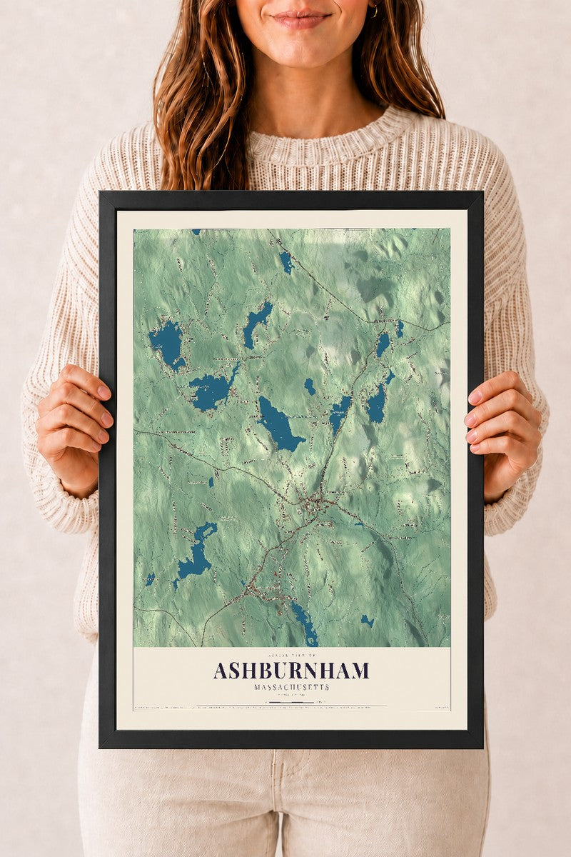 Ashburnham, Massachusetts map print - 12 x 18 black Ayous wood frame
