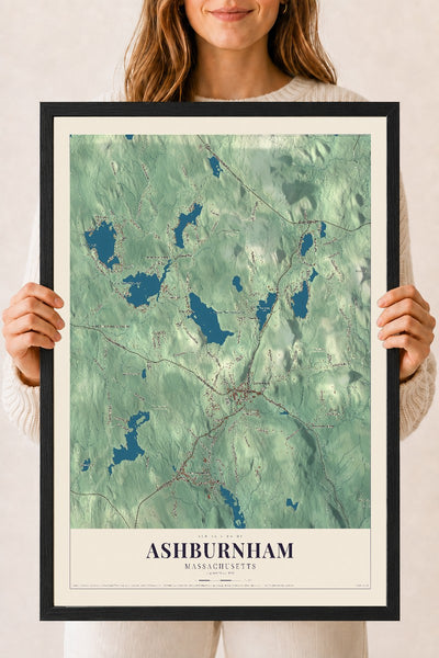 Ashburnham, Massachusetts map print - 18 x 24 black Ayous wood frame
