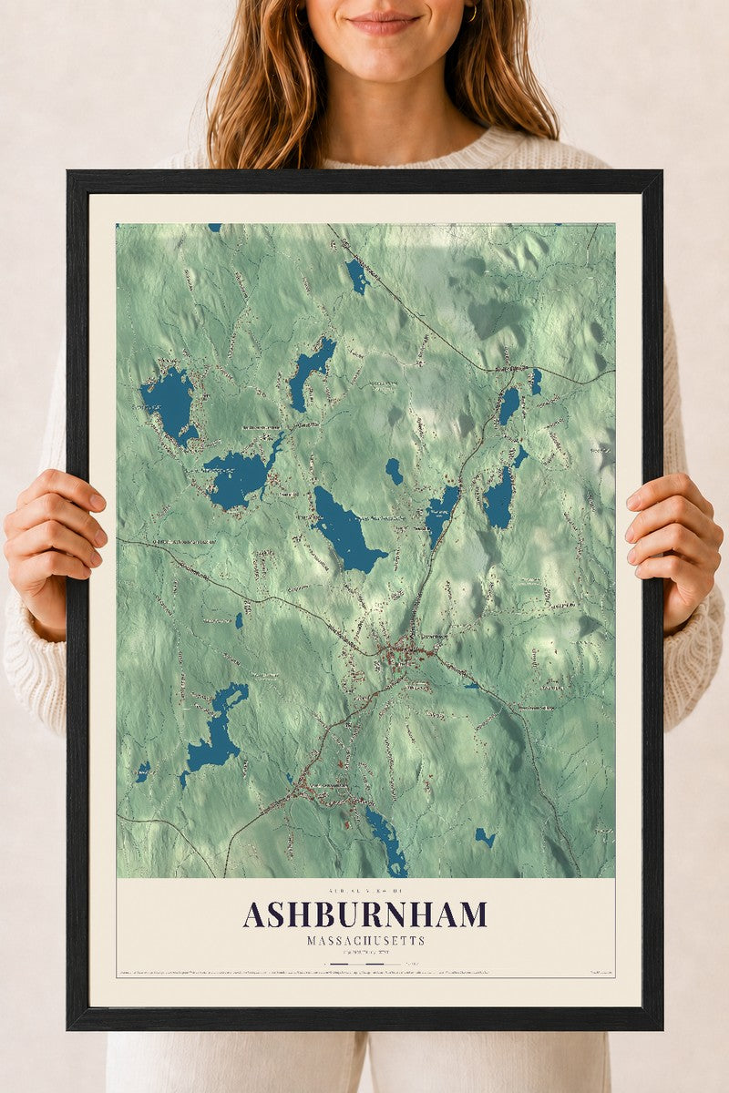 Ashburnham, Massachusetts map print - 18 x 24 black Ayous wood frame