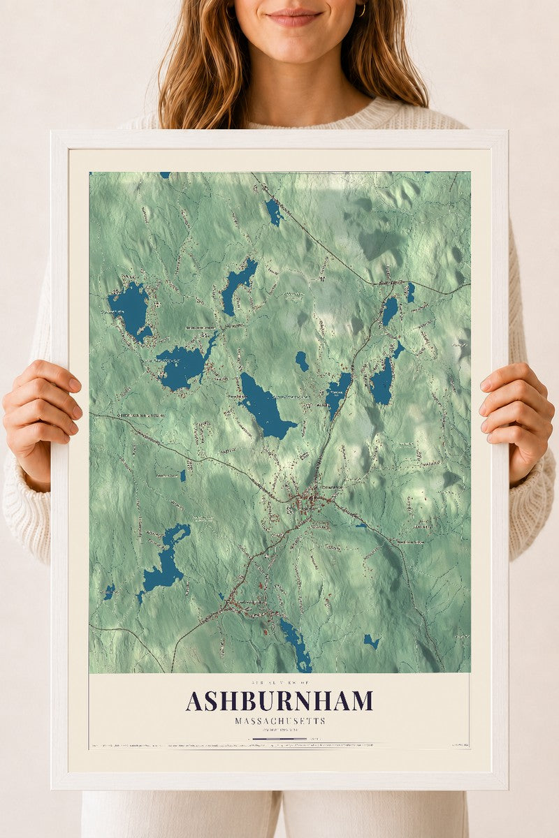 Ashburnham, Massachusetts map print - 18 x 24 white Ayous wood frame