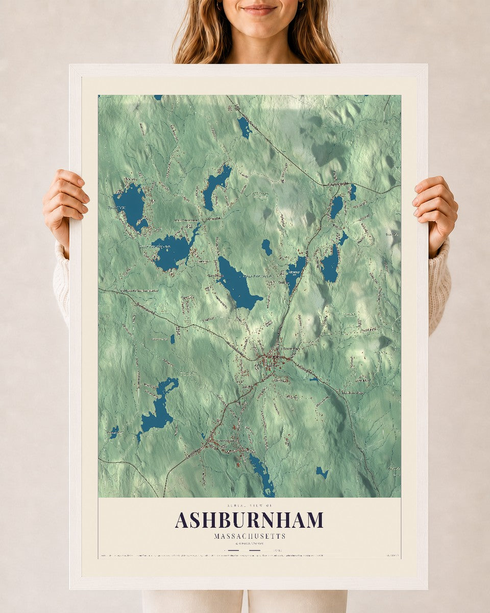 Ashburnham, Massachusetts map print - 24 x 36 white Ayous wood frame