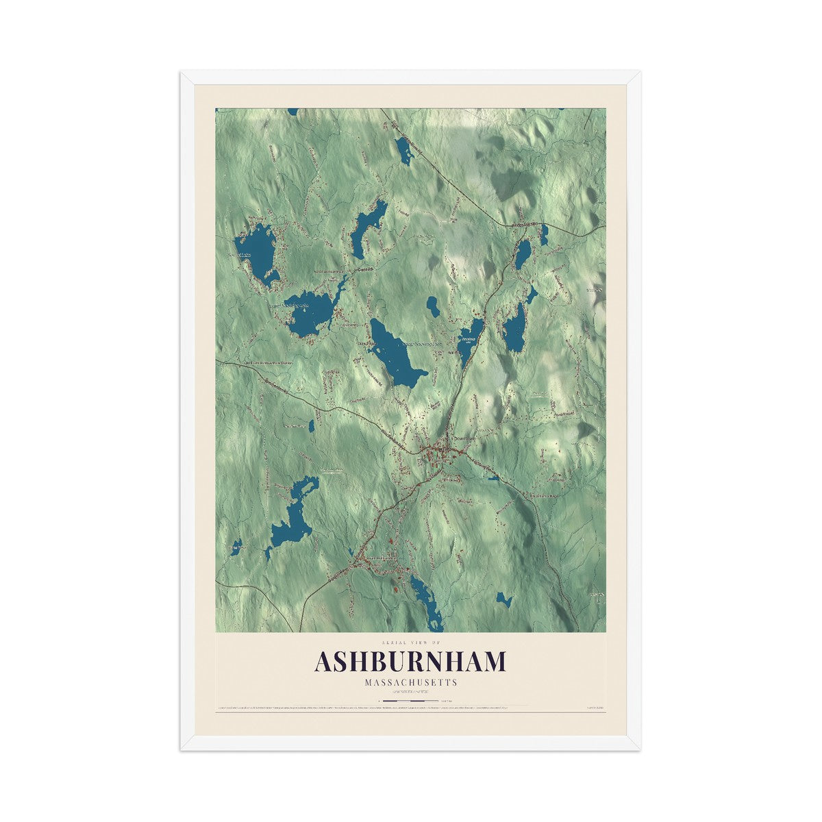 Map of Ashburnham, Massachusetts, 12 x 18 inch print in a white wood frame