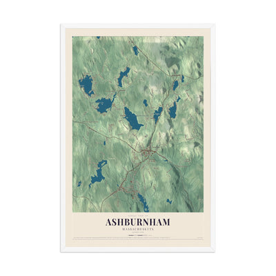 Map of Ashburnham, Massachusetts, 12 x 18 inch print in a white wood frame
