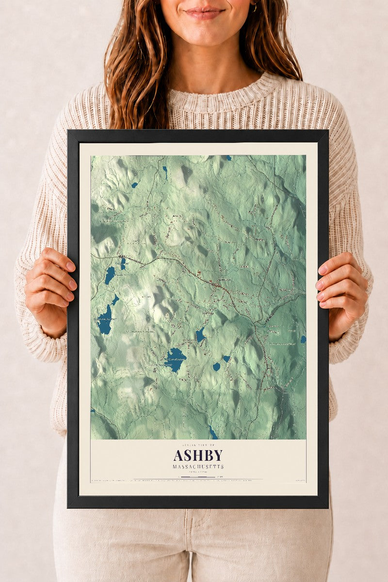 Ashby, Massachusetts map print - 12 x 18 black Ayous wood frame