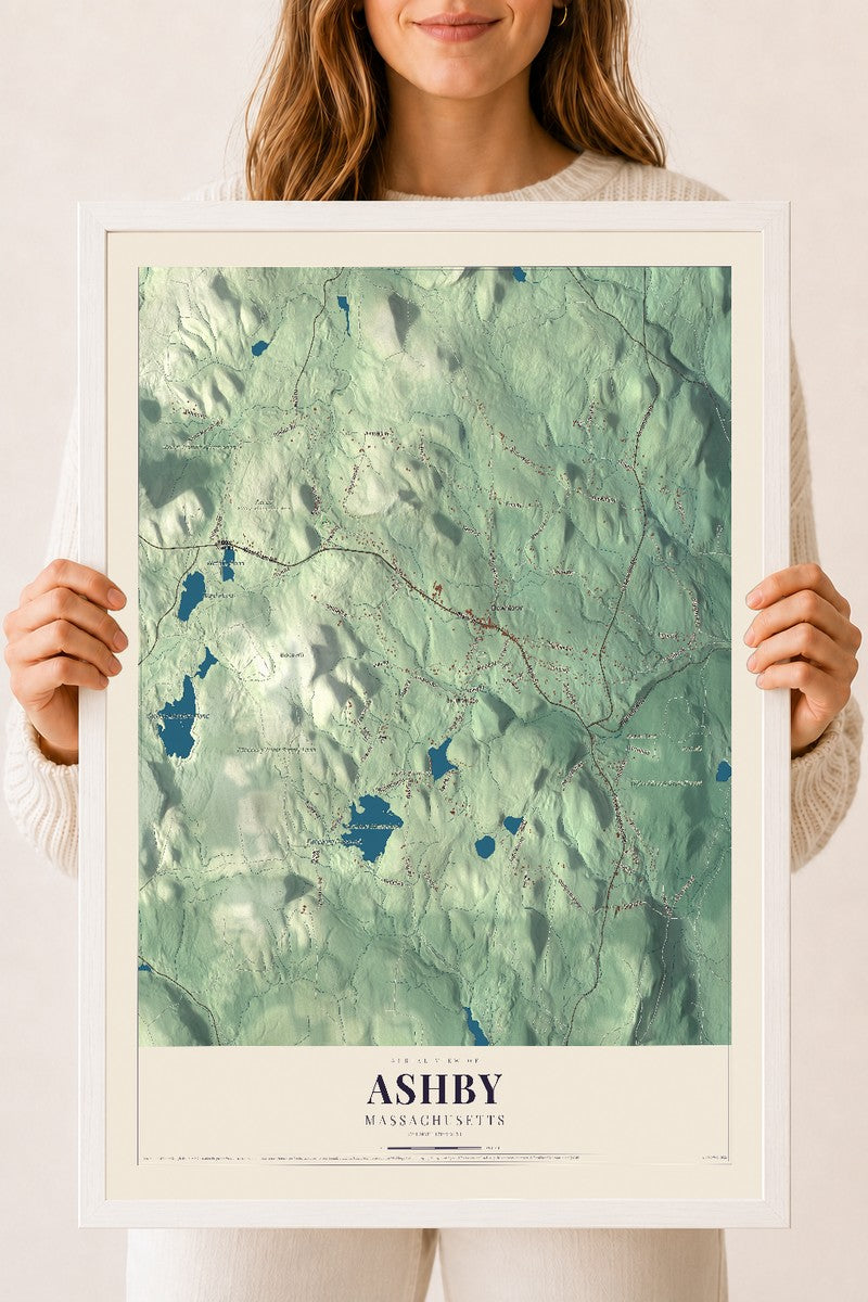 Ashby, Massachusetts map print - 18 x 24 white Ayous wood frame