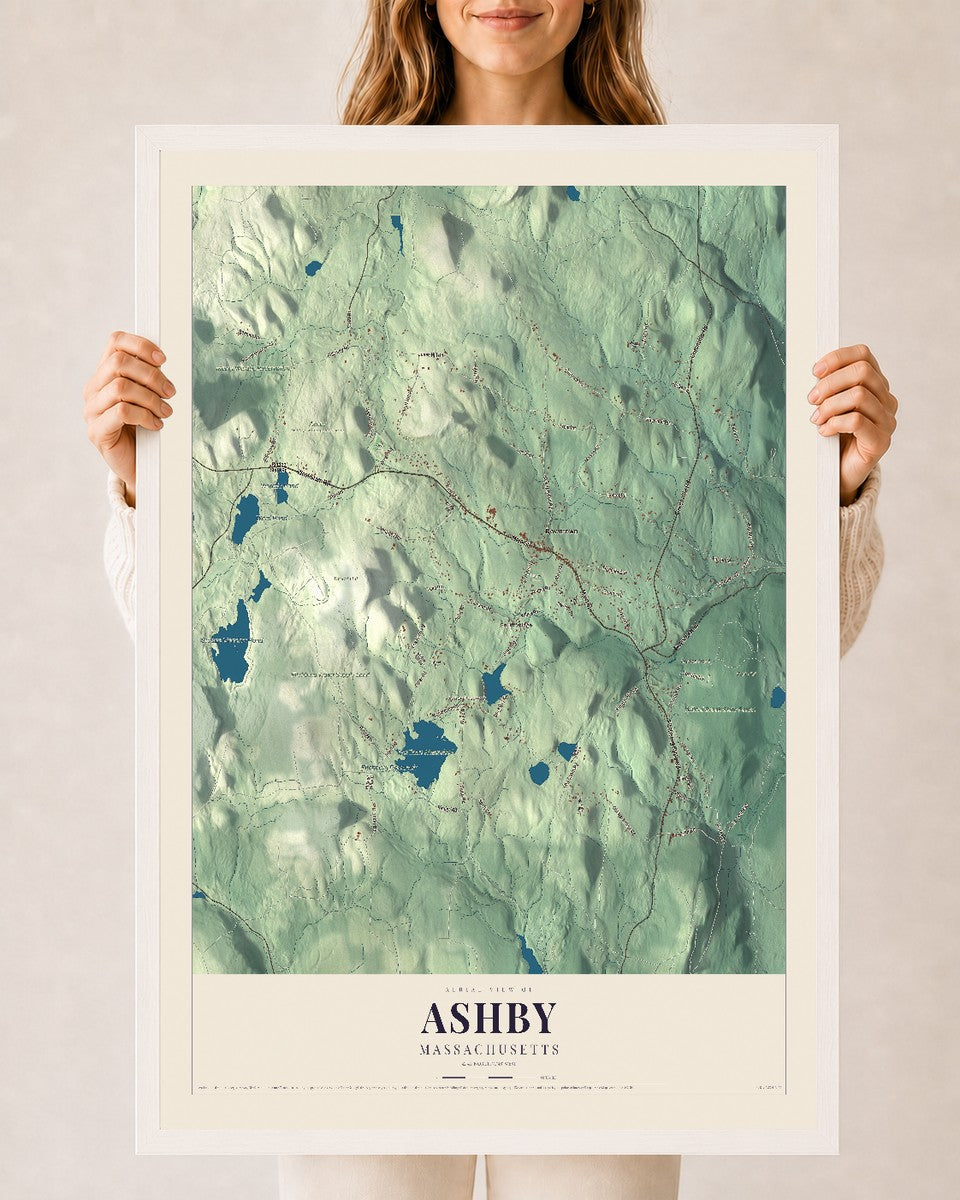 Ashby, Massachusetts map print - 24 x 36 white Ayous wood frame
