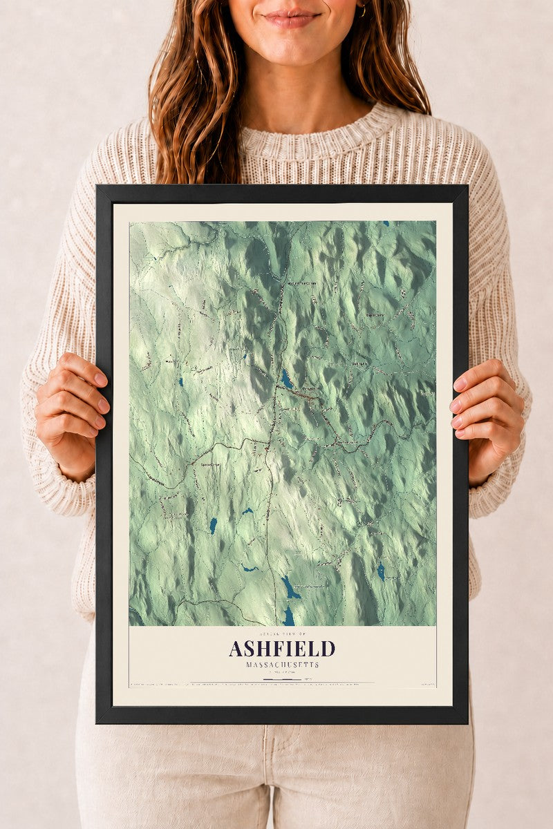 Ashfield, Massachusetts map print - 12 x 18 black Ayous wood frame