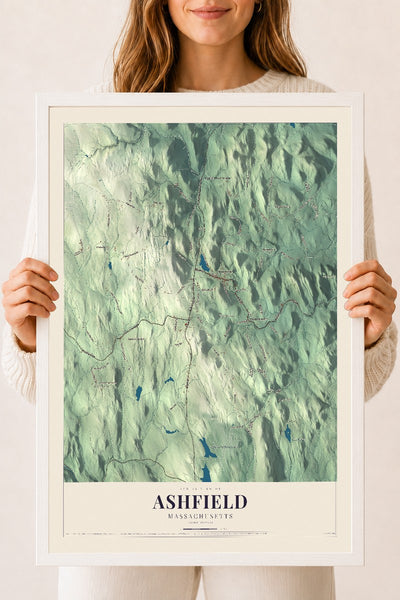 Ashfield, Massachusetts map print - 18 x 24 white Ayous wood frame