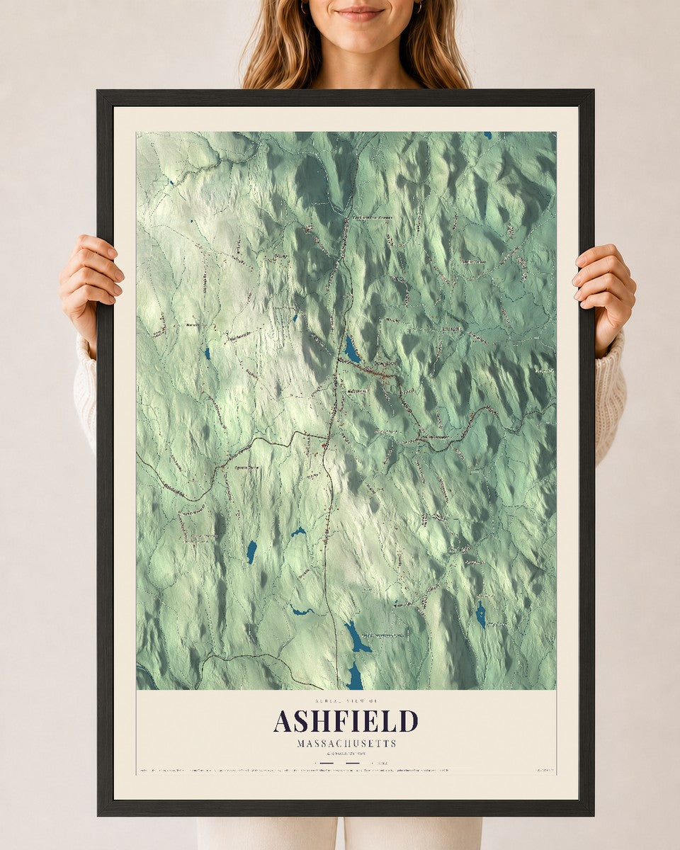 Ashfield, Massachusetts map print - 24 x 36 black Ayous wood frame