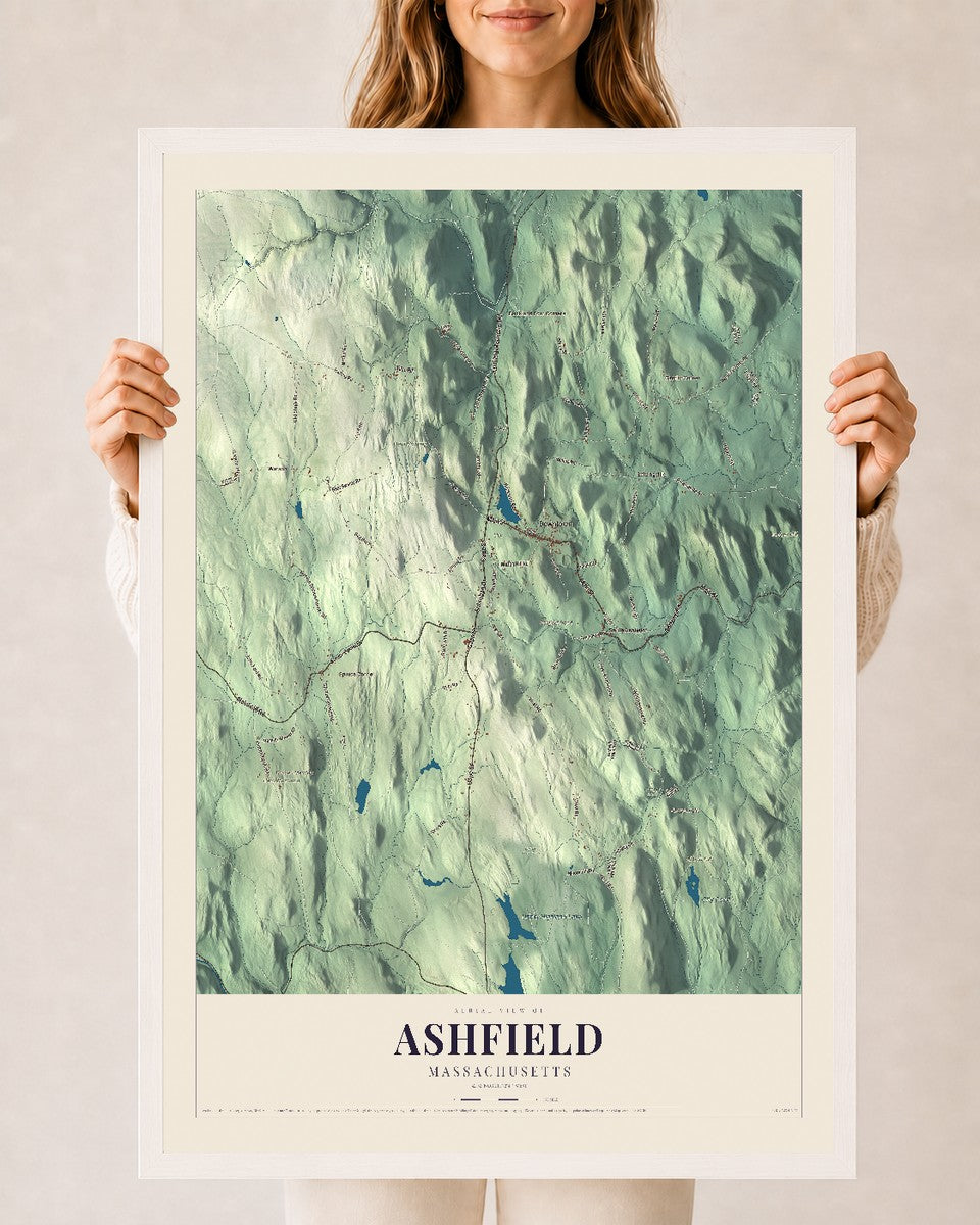 Ashfield, Massachusetts map print - 24 x 36 white Ayous wood frame