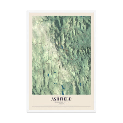 Map of Ashfield, Massachusetts, 12 x 18 inch print in a white wood frame