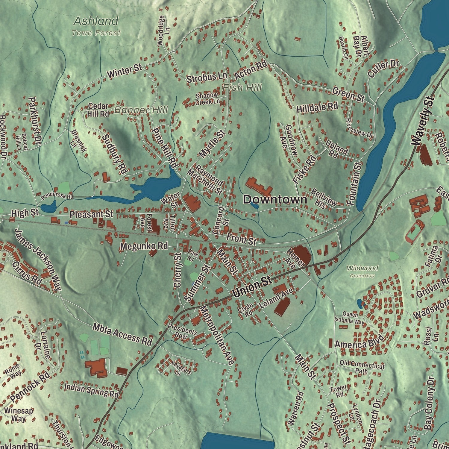 Street and neighborhood detail from the Ashland, Massachusetts map