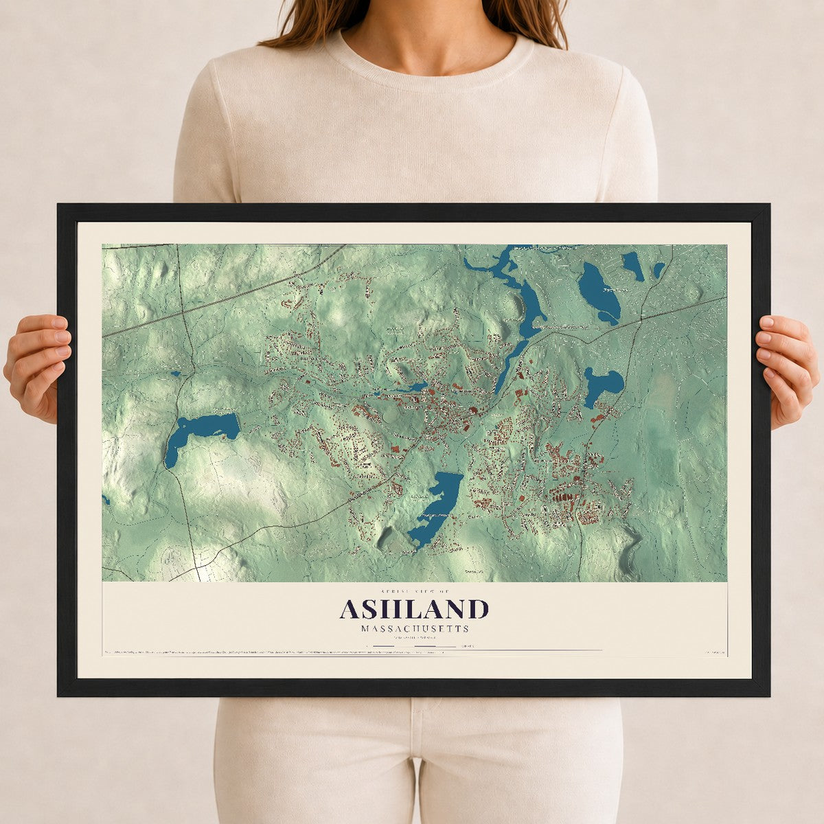Ashland, Massachusetts map print - 12 x 18 black Ayous wood frame
