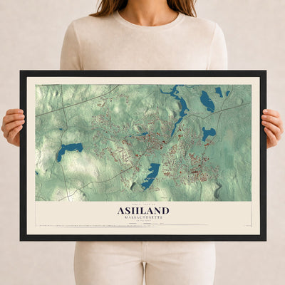 Ashland, Massachusetts map print - 12 x 18 black Ayous wood frame