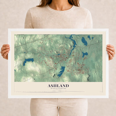 Ashland, Massachusetts map print - 12 x 18 white Ayous wood frame