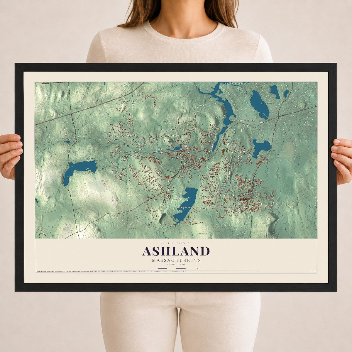 Ashland, Massachusetts map print - 18 x 24 black Ayous wood frame