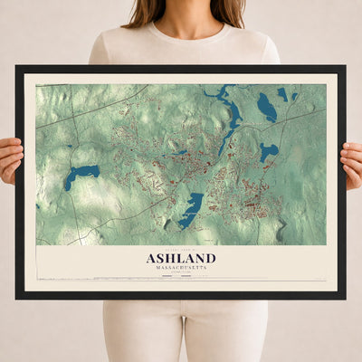 Ashland, Massachusetts map print - 18 x 24 black Ayous wood frame
