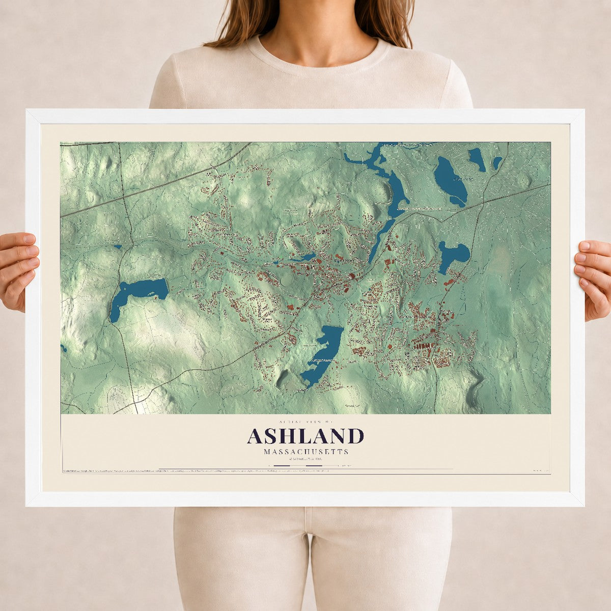 Ashland, Massachusetts map print - 18 x 24 white Ayous wood frame