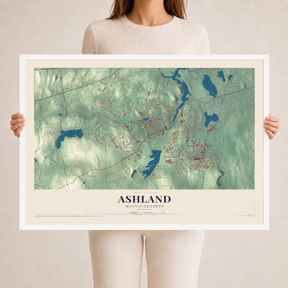 Ashland, Massachusetts map print - 24 x 36 white Ayous wood frame