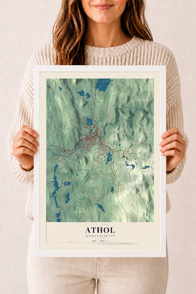 Athol, Massachusetts map print - 12 x 18 white Ayous wood frame