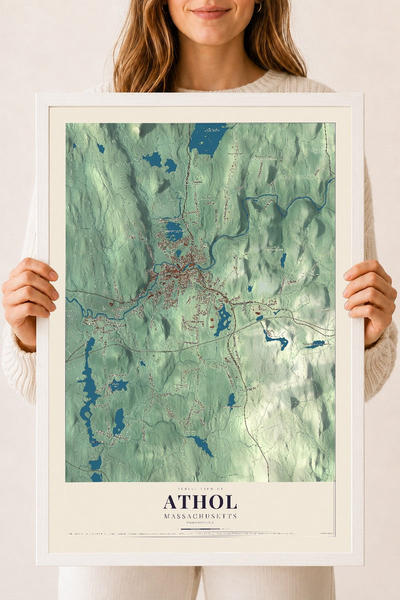 Athol, Massachusetts map print - 18 x 24 white Ayous wood frame