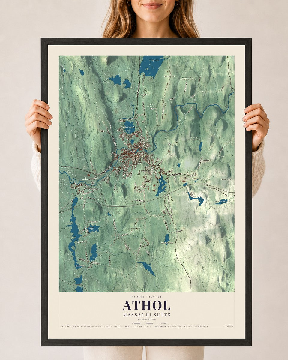 Athol, Massachusetts map print - 24 x 36 black Ayous wood frame