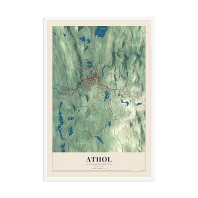 Map of Athol, Massachusetts, 12 x 18 inch print in a white wood frame
