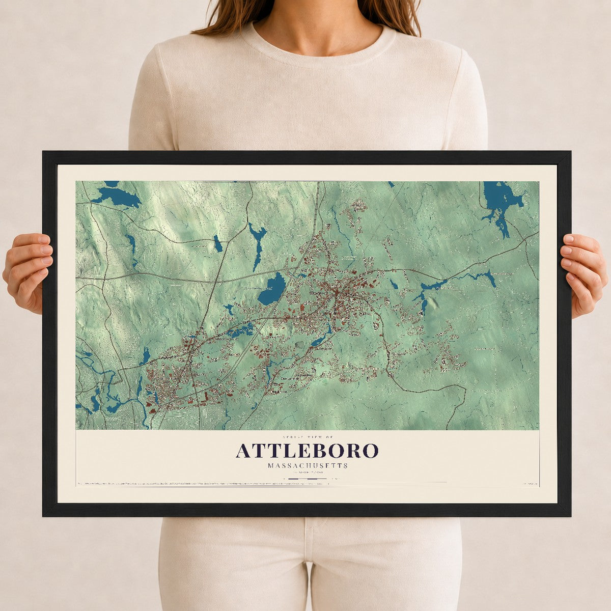 Attleboro, Massachusetts map print - 12 x 18 black Ayous wood frame
