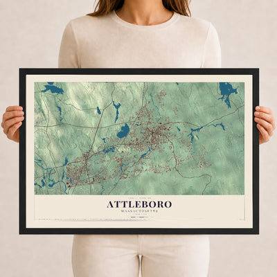 Attleboro, Massachusetts map print - 12 x 18 black Ayous wood frame
