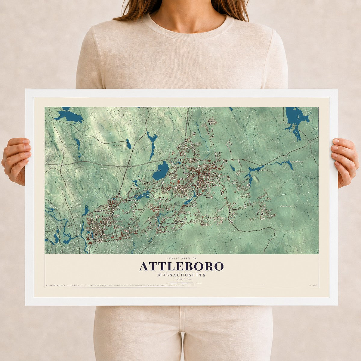 Attleboro, Massachusetts map print - 12 x 18 white Ayous wood frame