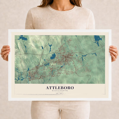 Attleboro, Massachusetts map print - 12 x 18 white Ayous wood frame