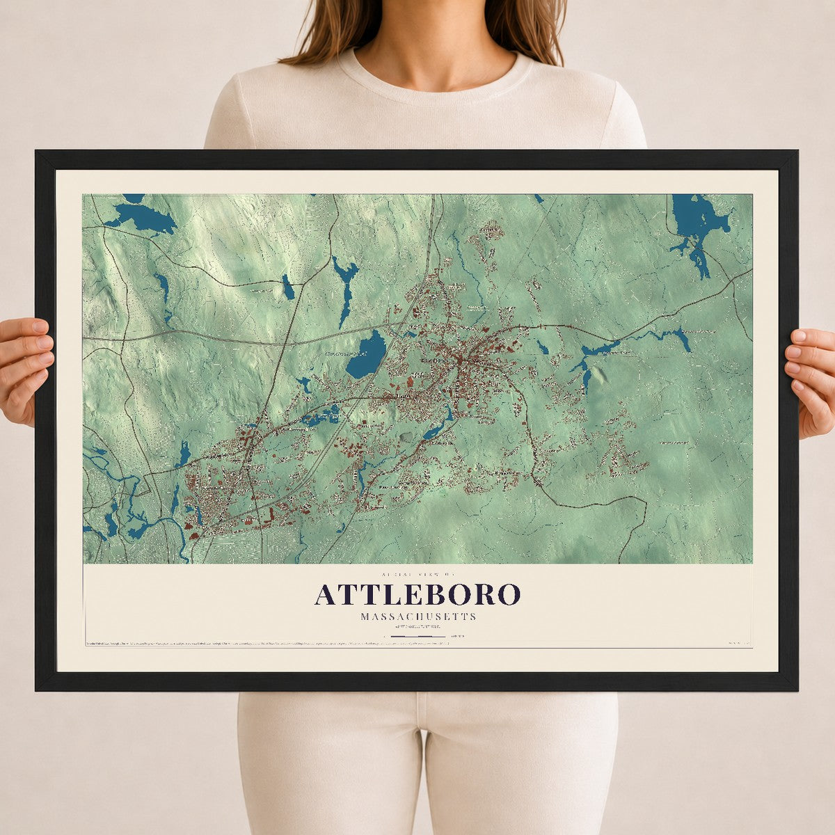 Attleboro, Massachusetts map print - 18 x 24 black Ayous wood frame