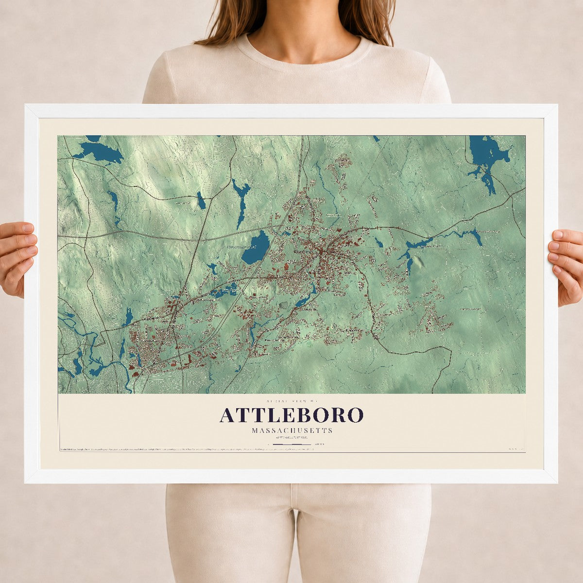 Attleboro, Massachusetts map print - 18 x 24 white Ayous wood frame