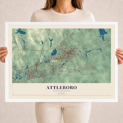 Attleboro, Massachusetts map print - 18 x 24 white Ayous wood frame