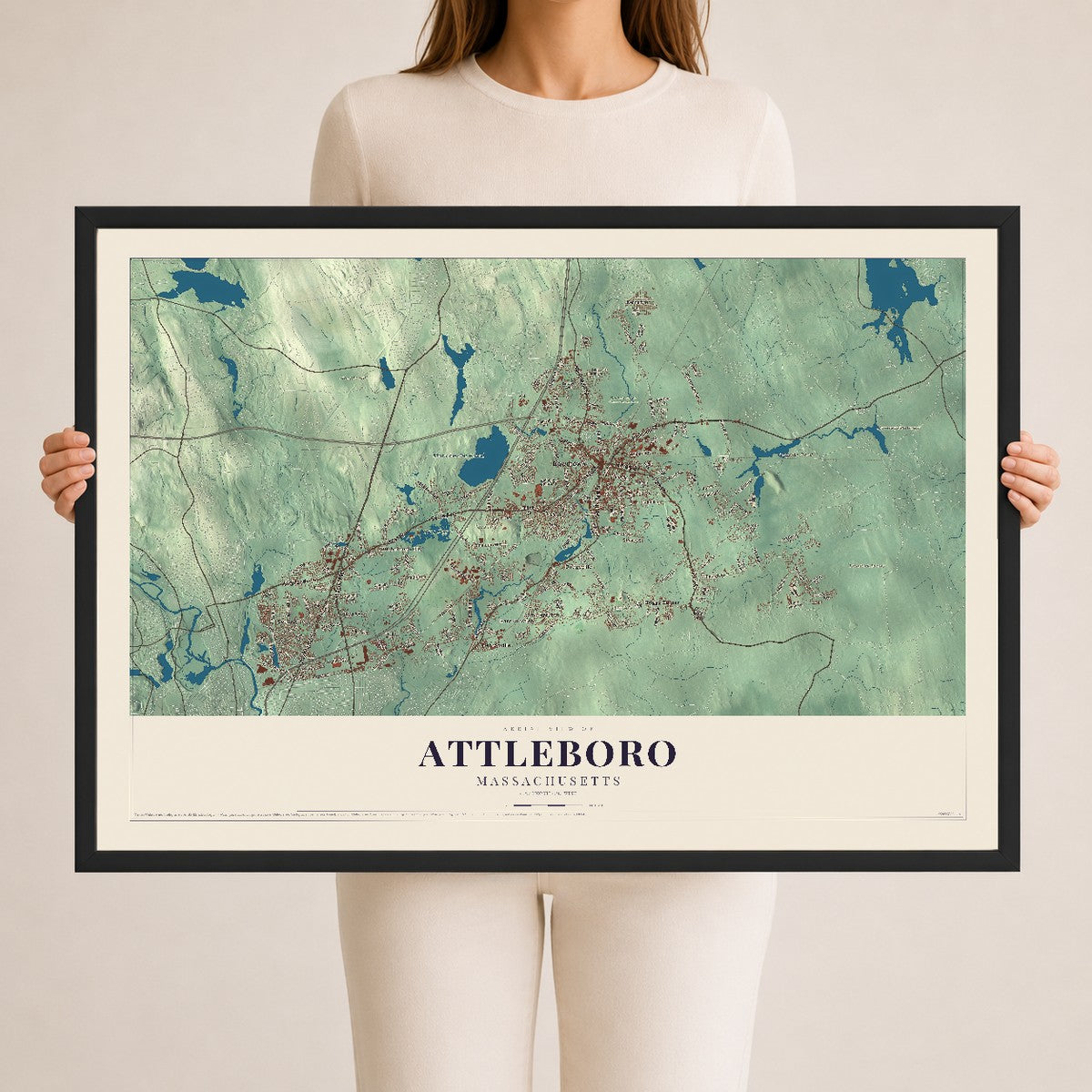 Attleboro, Massachusetts map print - 24 x 36 black Ayous wood frame