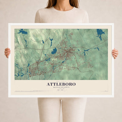 Attleboro, Massachusetts map print - 24 x 36 white Ayous wood frame